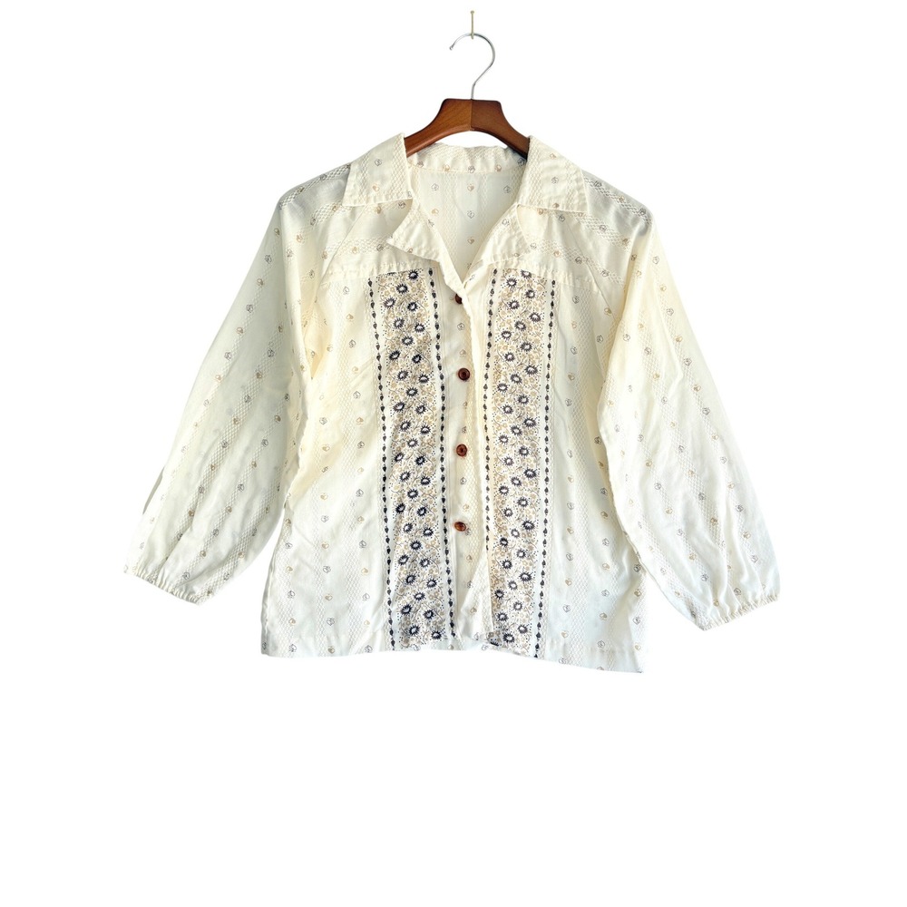 Vintage Handmade Boho 70s Floral Eyelet Lace Button Down Blouse Cream Womens